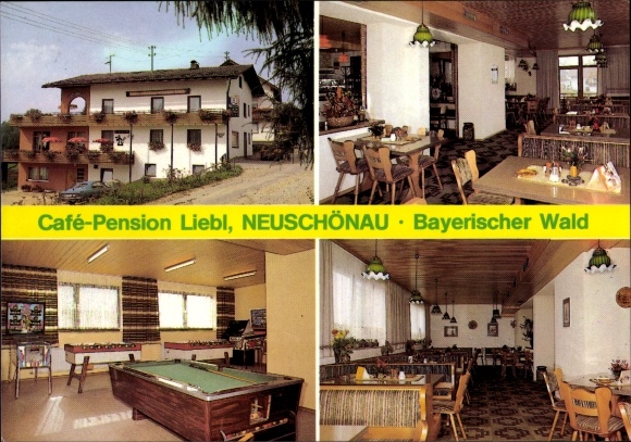 Ak Neuschönau in Neder-Beieren, Café-Pension Liebl, eetkamer, salon met pooltafel