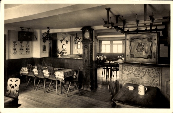 Postcard Ober Mossau Mossautal in the Odenwald, Schmucker brewery, interior view, grandfather clock, antlers