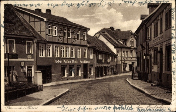 Postcard Gernrode Quedlinburg in the Harz Mountains, market square, Hotel Kaffee Dietz