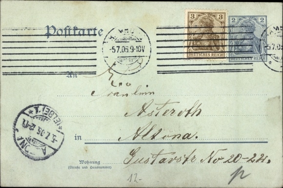 Postal stationery PC Hamburg, last greetings on the last 2Pf. PC, June 30, 1906, Postman