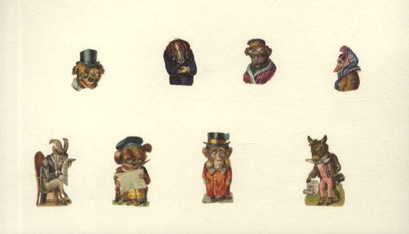 8 piesków waflowych, małpa, kozioł, gęś, osioł w ludzkim ubraniu, wymiary ok. 5,5 x 2,5 do 3 x 2,5 cm