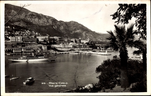 Ak Monte Carlo Monaco, Panoramablick auf  Hafen, Gebäude und Palmen