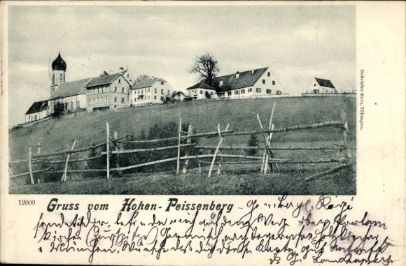 Postcard Peissenberg Peißenberg in Upper Bavaria, beautiful landscape, farmhouses, fence, church