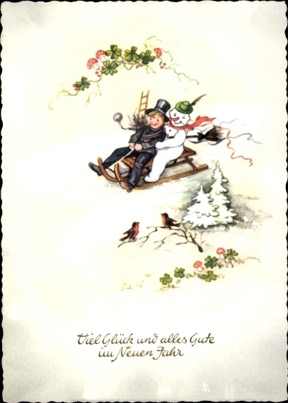 Postcard Happy New Year, snowman, chimney sweep, clover leaves