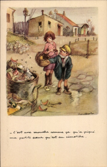 Artist Postcard Poulbot, Francisque, children, trash can, flies