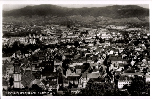 Postcard Offenburg in Baden Black Forest, city view, aerial photography, architecture, mountain landscape