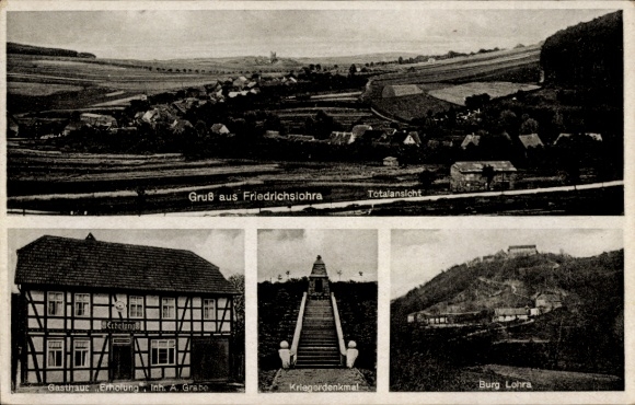 Ak Friedrichslohra Großlohra Thüringen, Panorama, Gasthof Erholung, Burg Lohra, Kriegerdenkmal