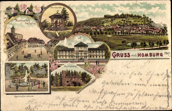 Chromo-Litho Homburg in the Palatinate Saarland, Karlsburg, hospital, Friedaruhe, town hall, market square