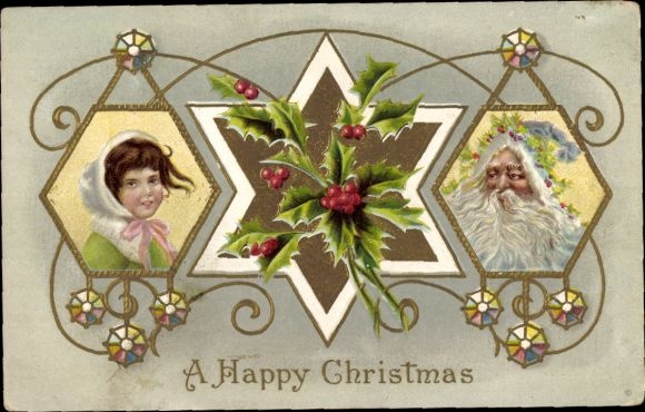 In reliëf gemaakte Ak Gefeliciteerd Kerstmis, Kerstman, meisje, hulst