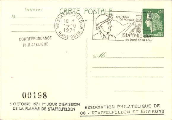 Postal stationery PC France, Staffelfelden Alsace Haut Rhin, regional stamp exhibition 1971