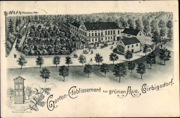 Litho Girbigsdorf Schöpstal Oberlausitz, tuininrichting aan de groene weide