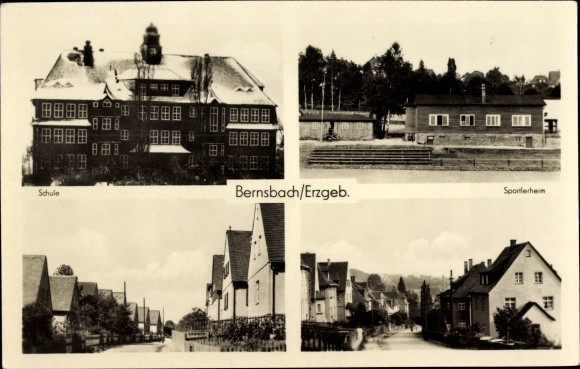 Ansichtkaart Lauter Bernsbach in het Ertsgebergte van Saksen, school, sportcentrum, delen van de straat in de woonwijk
