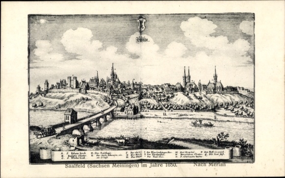 Künstler Ak Merian, Saalfeld an der Saale Thüringen, Gesamtansicht im Jahre 1650