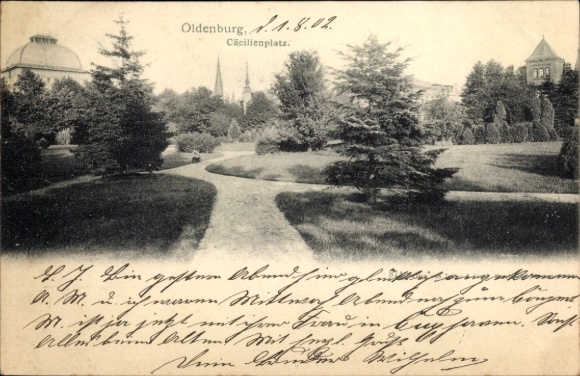 Postcard Oldenburg in Holstein, Cäcilienplatz, garden landscape, trees, domed building