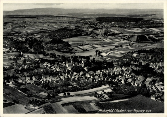 Postcard Michelfeld Angelbachtal Baden Württemberg, aerial view of Michelfeld, agricultural fields