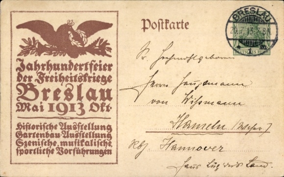 Postwaardekaart Wrocław Breslau Silezië, honderdste verjaardag van de Vrijheidsoorlogen 1913