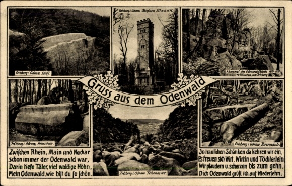 Postcard Felsberg in the Odenwald Hesse, ship, tower, saying, sea of rocks