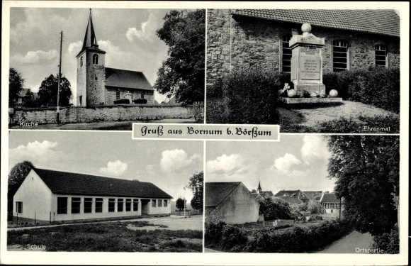 Postcard Bornum Börßum am Harz, church, memorial, school, local section