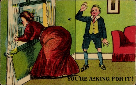 Postcard Fat woman looks out the window, boy waits for fly to sit on her butt