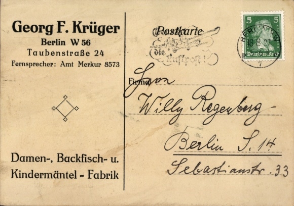 Ak Berlin Mitte, Georg F. Krüger dames-, Backfisch- en kinderjassenfabriek, Taubenstraße 24