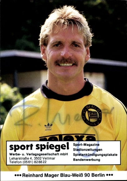 Autogrammkarte Fußballer Reinhard Mager, Blau Weiß 90 Berlin, Autogramm