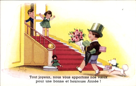 Artist Postcard Patt, Jim, Boy with bouquet of flowers, gifts