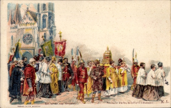 Postal stationery artist PC Budapest, Hungary, procession for the feast of Saint Stephen
