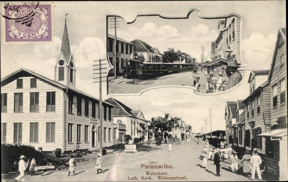 Postcard Paramaribo Suriname, Waterfront, Luth. Church, Willemschool