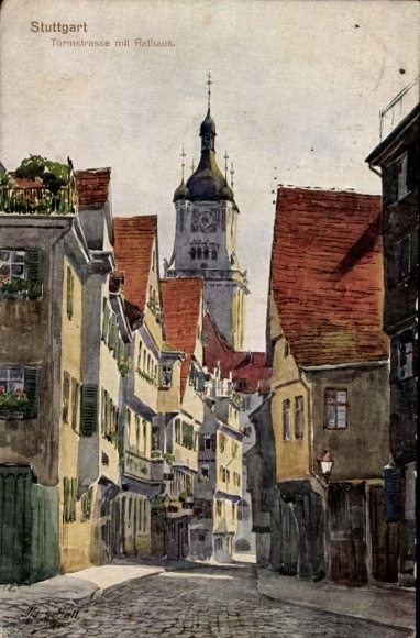 Artist Postcard Marschall, Stuttgart, Turmstraße in the old town, town hall