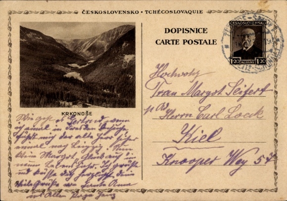 Postal stationery Postcard Krkonoše, Giant Mountains, Czechoslovakia, landscape panorama