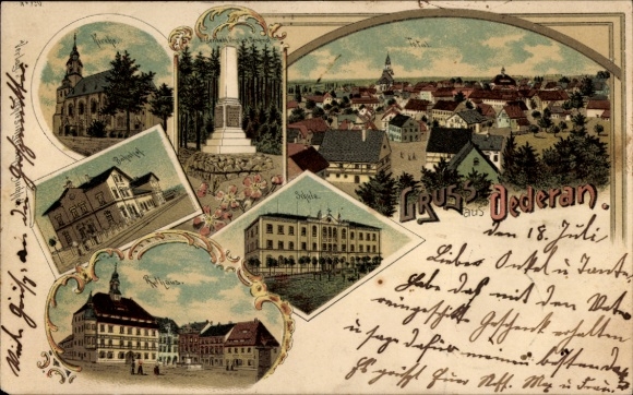 Litho Oederan in Sachsen, Stadt, Bahnhof, Schule, Rathaus, Denkmal, Kirche