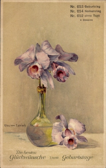Artist Postcard Lavisch, Elsa von, birthday greetings, flower vase