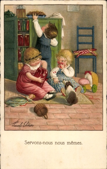 Künstler Ak Ebner, Pauli, Naschen, Marmeladenglas, Hund, Puppe