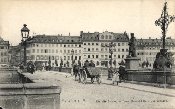 Postcard Frankfurt am Main, Old Bridge, statue of Charlemagne