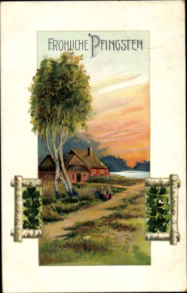 Postcard congratulations Pentecost, village motif, birches, shamrocks