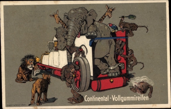 Postcard Continental solid tires, automobile, elephant, lion, giraffe, monkey