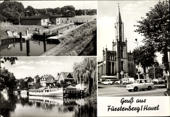 Ak Fürstenberg op de Havel, sluis, kerk, veerboot