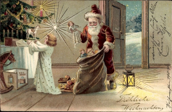Präge Ak Frohe Weihnachten, Weihnachtsmann und Engel platzieren Geschenke unter dem Weihnachtsbaum