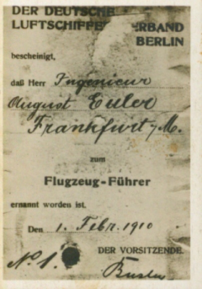 Sammelbild Helden der Luft, Serie G Bild 33, Flugzeugführerschein August Euler, 1. dt. Motorflieger