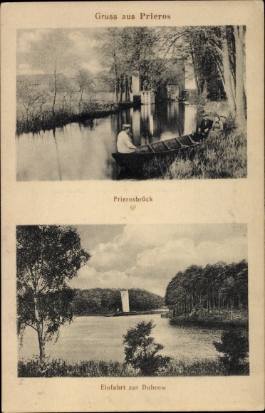 Ak Prieros Heidesee in der Mark, Prierosbrück, Einfahrt zur Dubrow