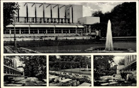 Ak Frankfurt am Main, Palmengarten-Gesellschaftshaus, Restaurant, Blick von der Terrasse, Garten-