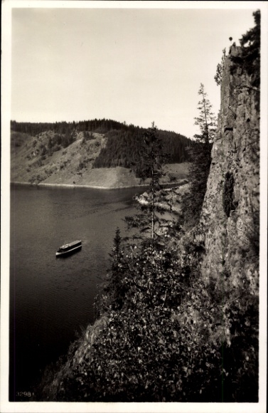 Postcard Zoppoten Ebersdorf in Thuringia, reservoir of the Saaletalsperre, Totenfels, boat