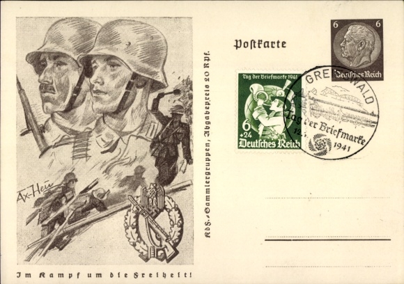 Postal stationery artist Postcard v. Axster Heudtlaß, W., In the fight for freedom, Wehrmacht, hand grenade