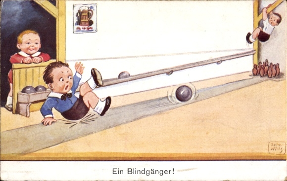 Artist Postcard Wills, John, A dud, man falls while bowling