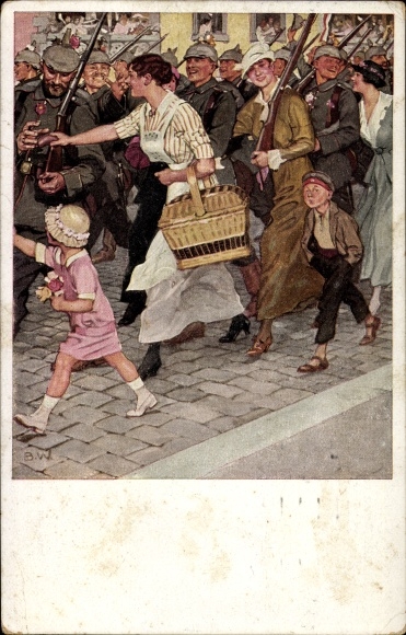 KP artysty Wennerberg, Bruno, marsz, żołnierze, kobiety, dzieci