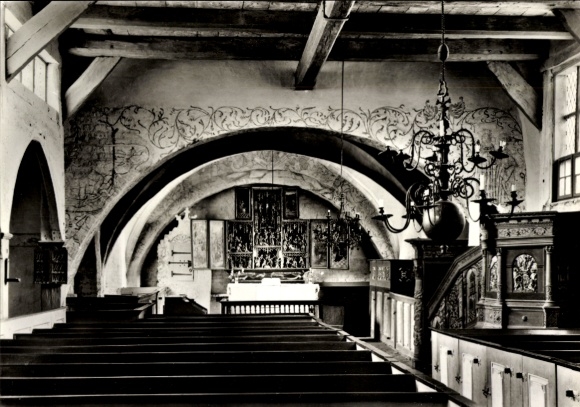 Postcard Island Ummanz off Rügen, interior of the village church of Waase with view to the altar