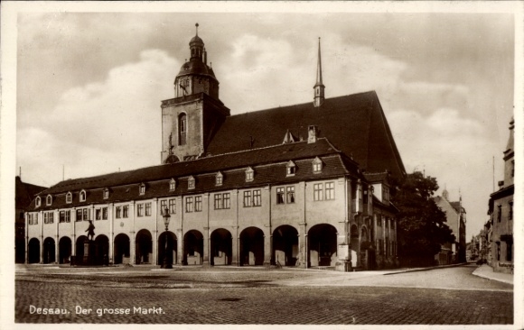Postcard Dessau, arcades at the big market, church