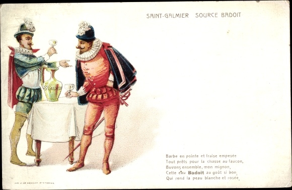 Postcard Saint Galmier Loire, Source Badoit, Reklame, Barbe en pointe and starched strawberry