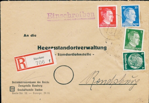 (24) Itzehoe auf R Zettel Datum unleserlich, Brief mit 5,12,20 Pf Hitler, 6 Pf Hindenburg