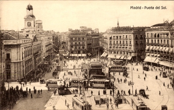 Postcard Madrid Spain, view to Puerta del Sol, trams, bell tower